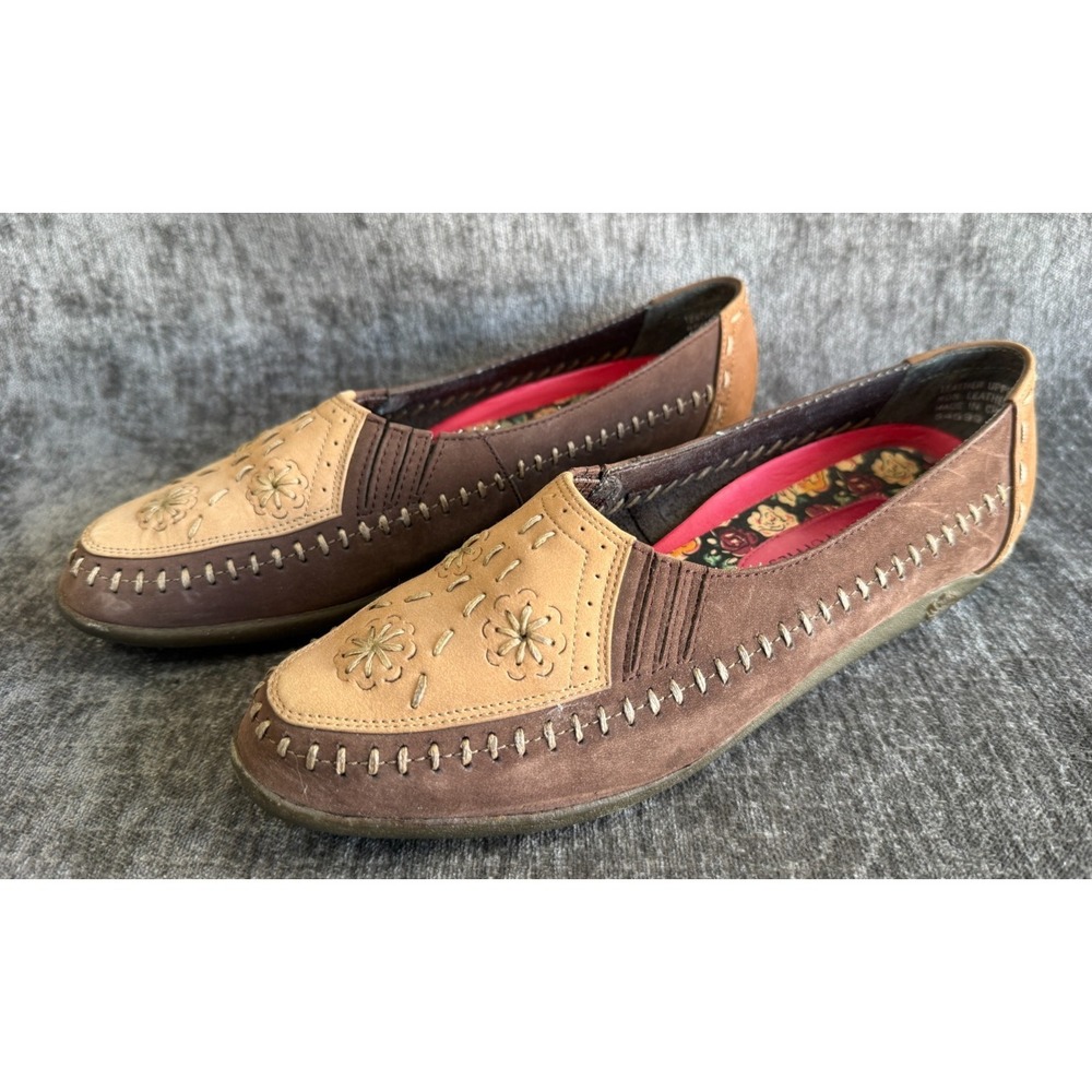 Hush Puppies Womens 7.5 M Floral Embroidered Suede Leather Slip On Loafers Flats